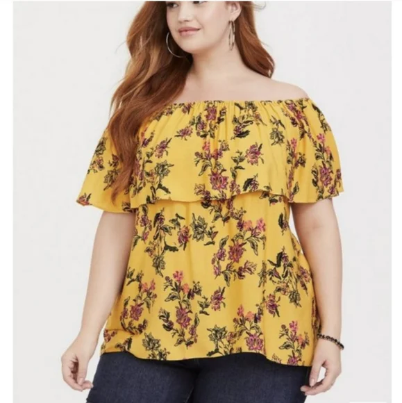 TORRID FLORAL CREPE EMBROIDERED RUFFLE OFF-SHOULDER TOP - Picture 9 of 9